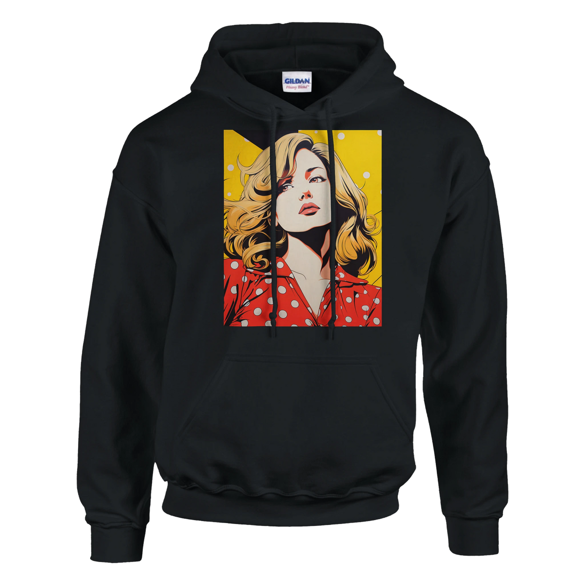 Black pullover hoodie featuring a vintage pop art graphic of a blonde woman in a red polka dot shirt against a yellow background.