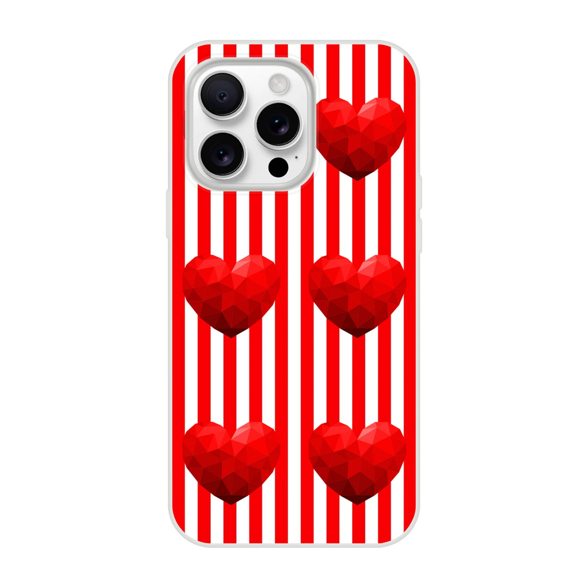 Red striped heart-pattern iPhone case for iPhone 13–16, bold romantic aesthetic with geometric hearts.