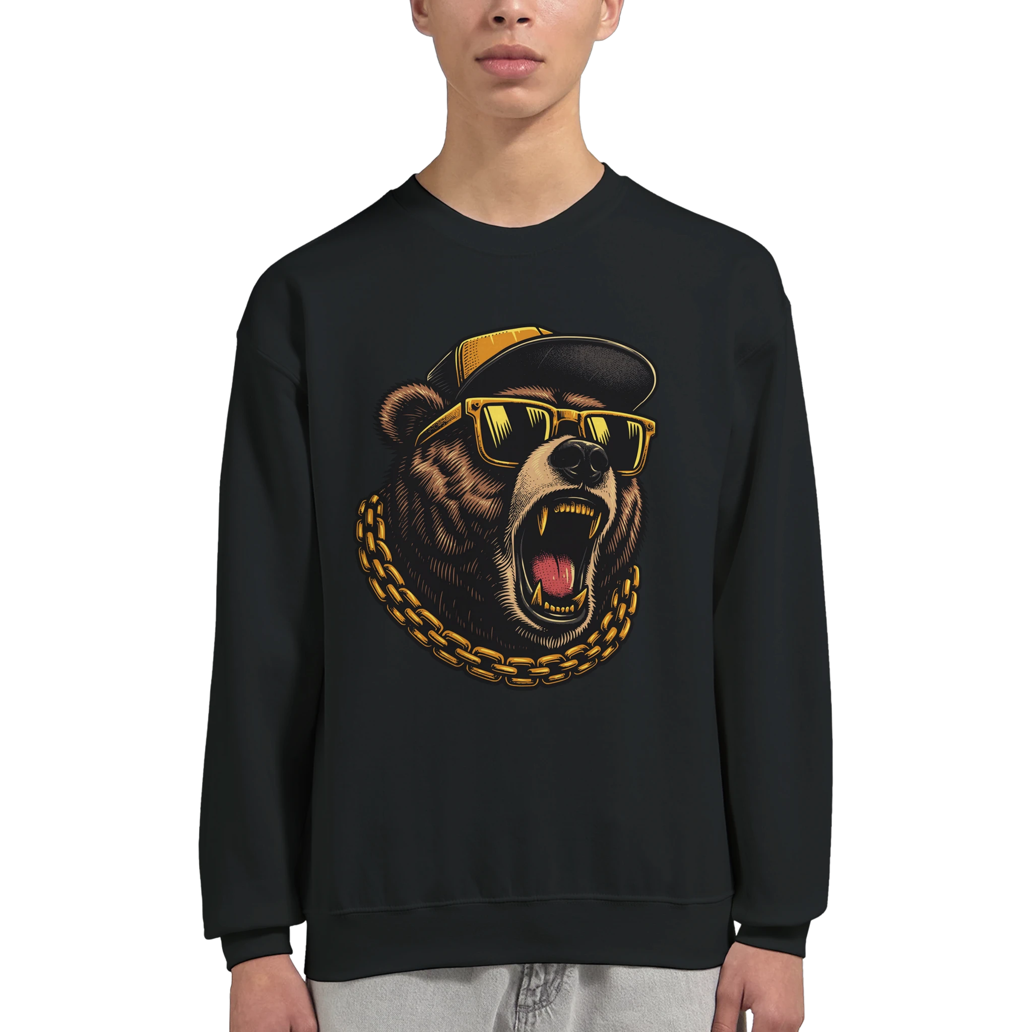 Black Grizzly Bear graphic sweatshirt with a roaring bear wearing yellow sunglasses, a cap, and a gold chain.