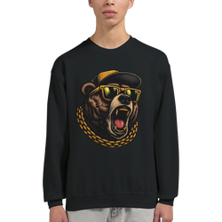 Black Grizzly Bear graphic sweatshirt with a roaring bear wearing yellow sunglasses, a cap, and a gold chain.