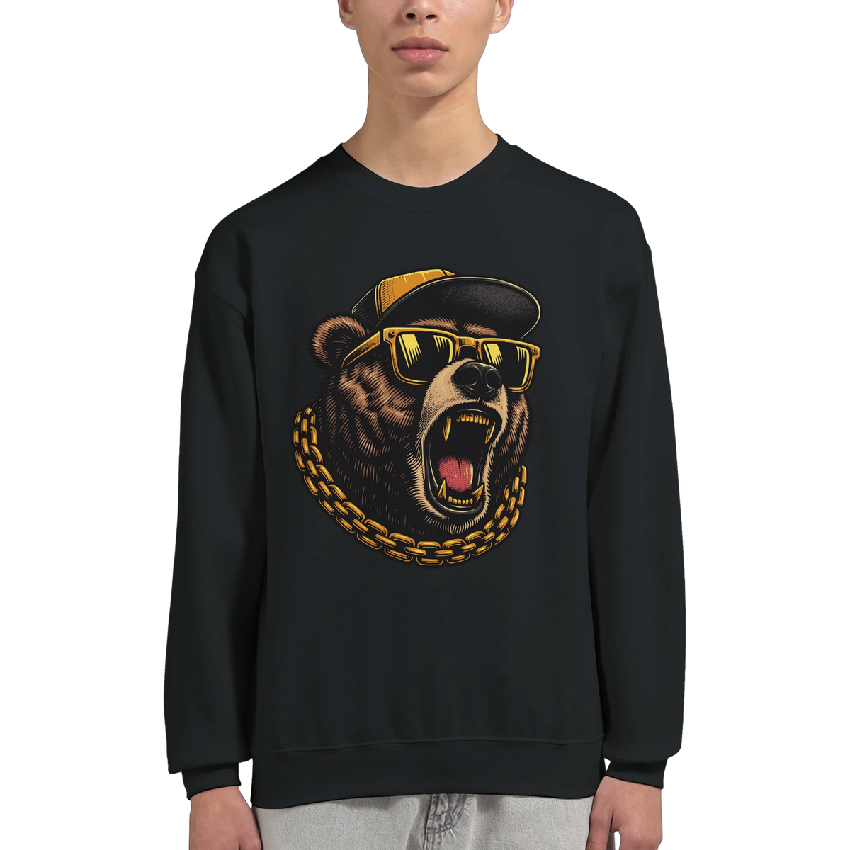 Black Grizzly Bear graphic sweatshirt with a roaring bear wearing yellow sunglasses, a cap, and a gold chain.
