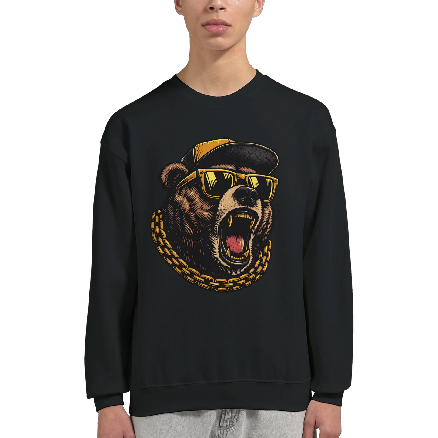 Black men's graphic sweatshirt with a bear graphic wearing sunglasses and a chain, worn by a person on a white background.
