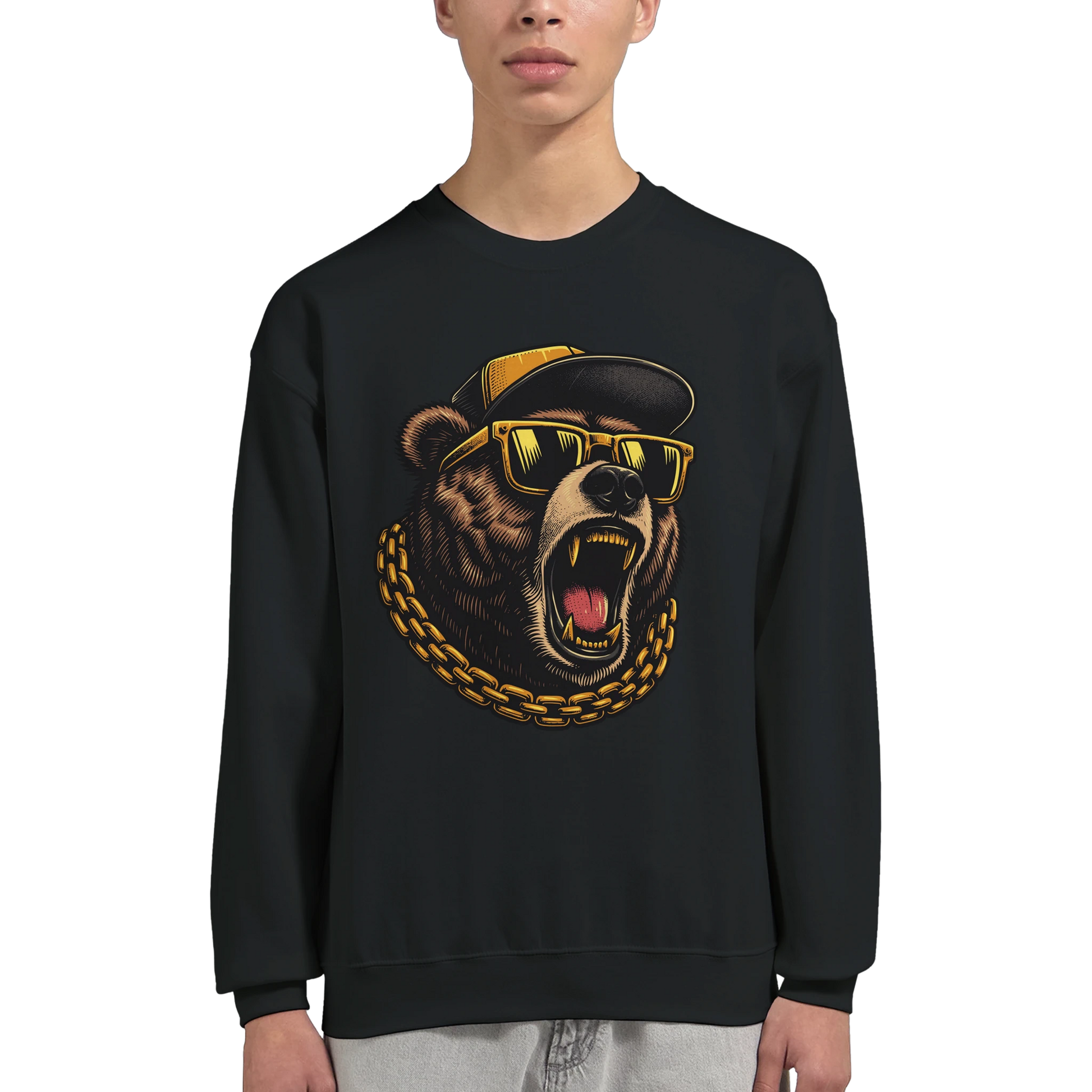 Black men's graphic sweatshirt with a bear graphic wearing sunglasses and a chain, worn by a person on a white background.