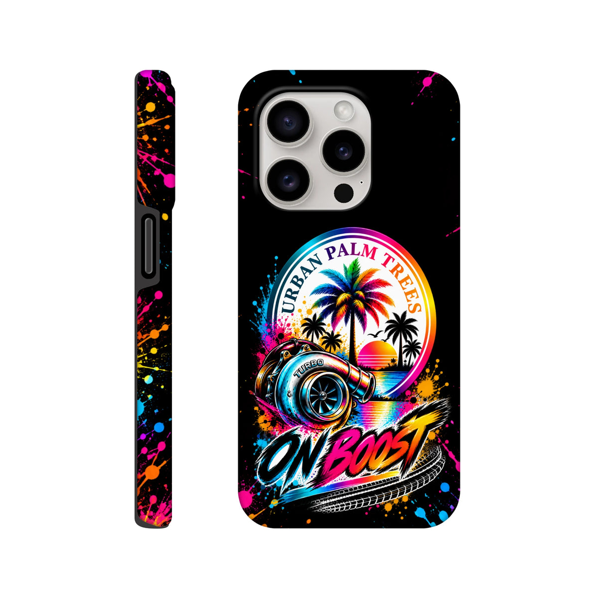 On BoostiPhone case featuring a turbocharger, Urban Palm Trees graphic, and colorful paint splatters for a bold petrolhead look.
