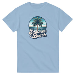 Tropical Beach graphic tee for women, palm tree with ocean waves, 'Summer Beach' text on light blue cotton blend.