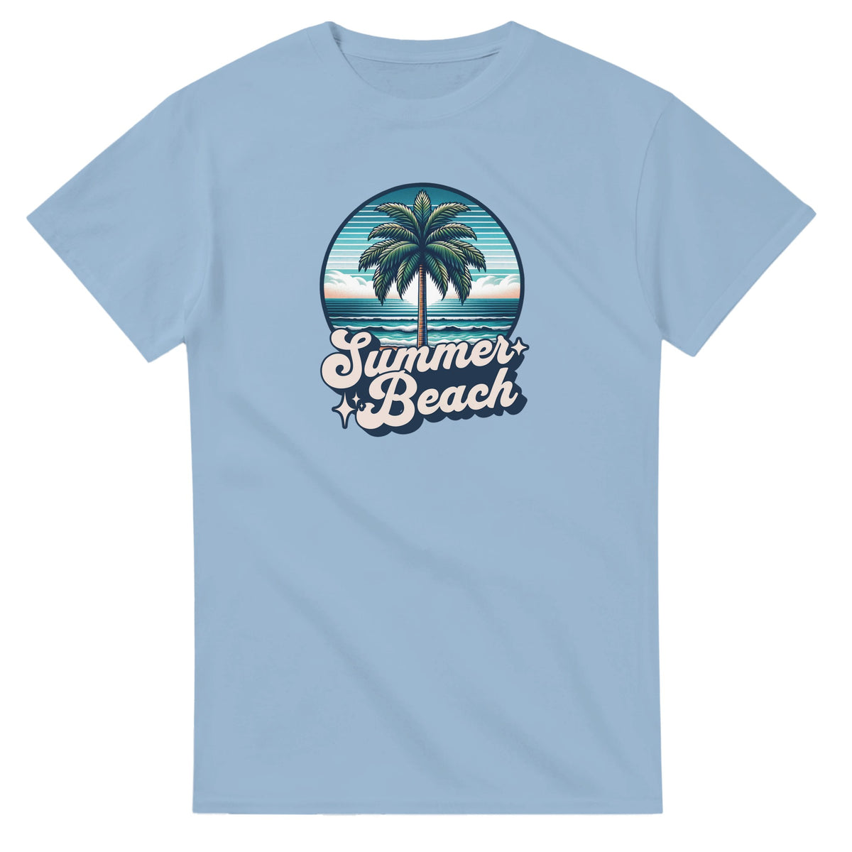 Tropical Beach graphic tee for women, palm tree with ocean waves, 'Summer Beach' text on light blue cotton blend.