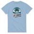 Tropical Beach graphic tee for women, palm tree with ocean waves, 'Summer Beach' text on light blue cotton blend.