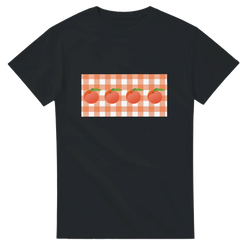 Black women's tee with peach gingham graphic featuring peaches on orange checkered panel.