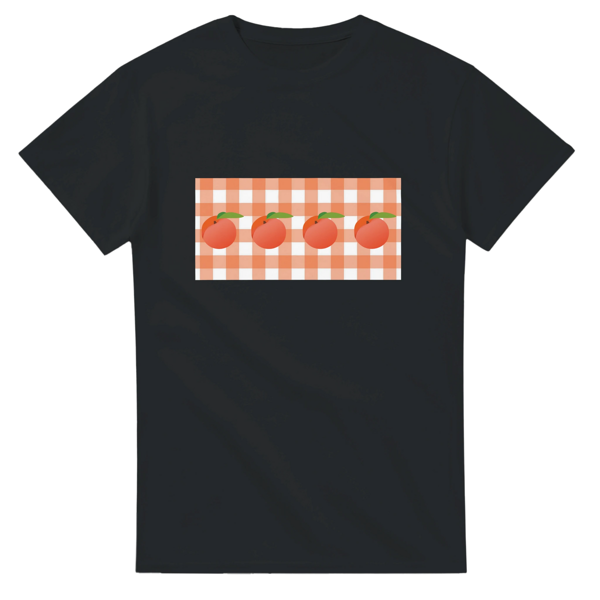 Black women's tee with peach gingham graphic featuring peaches on orange checkered panel.