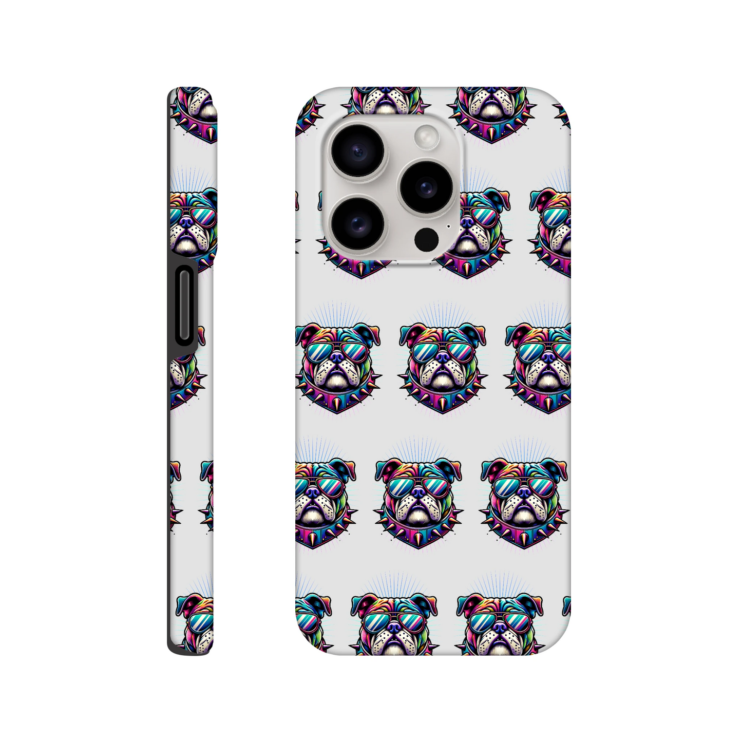 Bulldog head with sunglasses pattern on glossy, dual-layer iPhone case with wraparound print for iPhone 16/15/14/13.