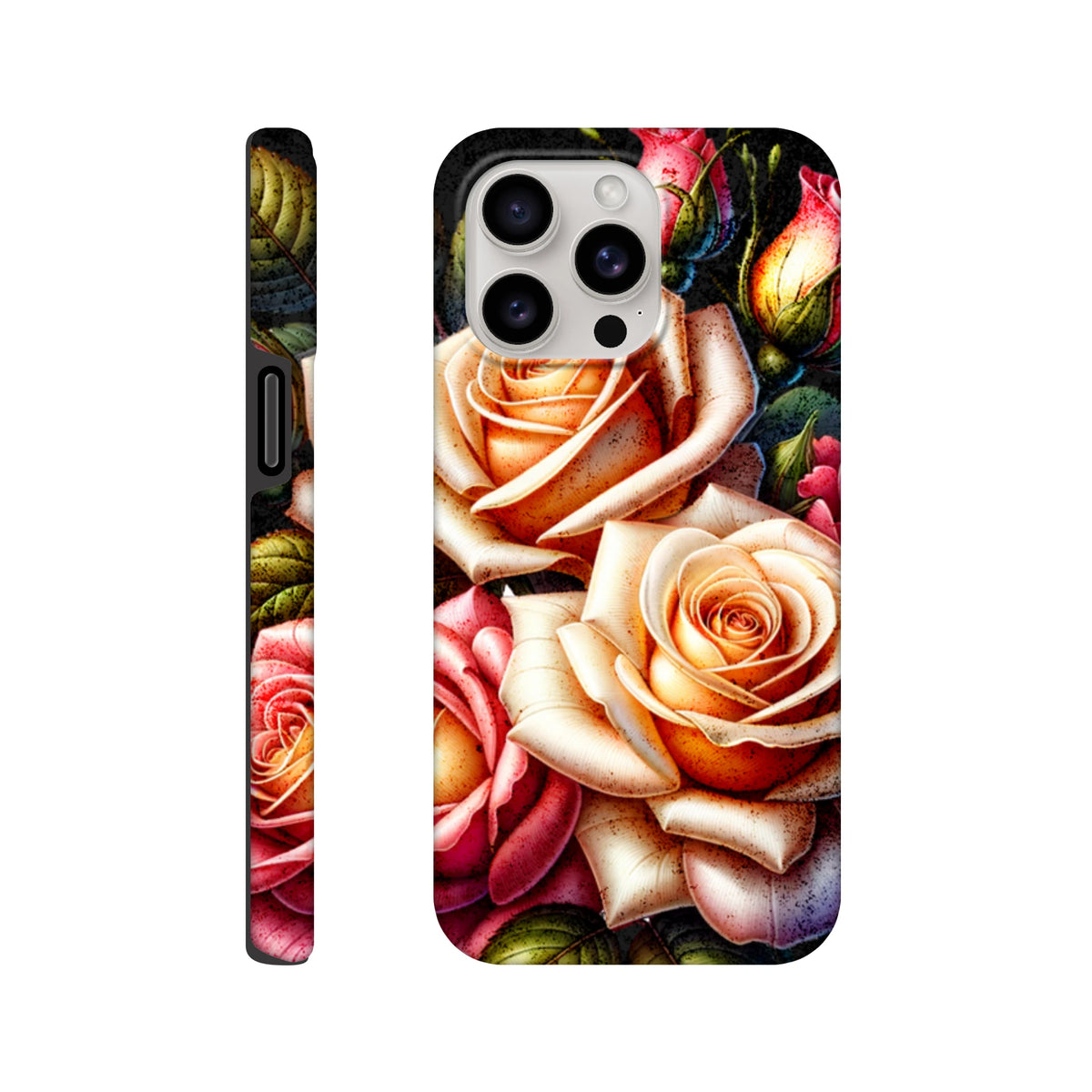 Romantic floral iPhone case featuring detailed peach and pink roses with reinforced corners for tough protection.