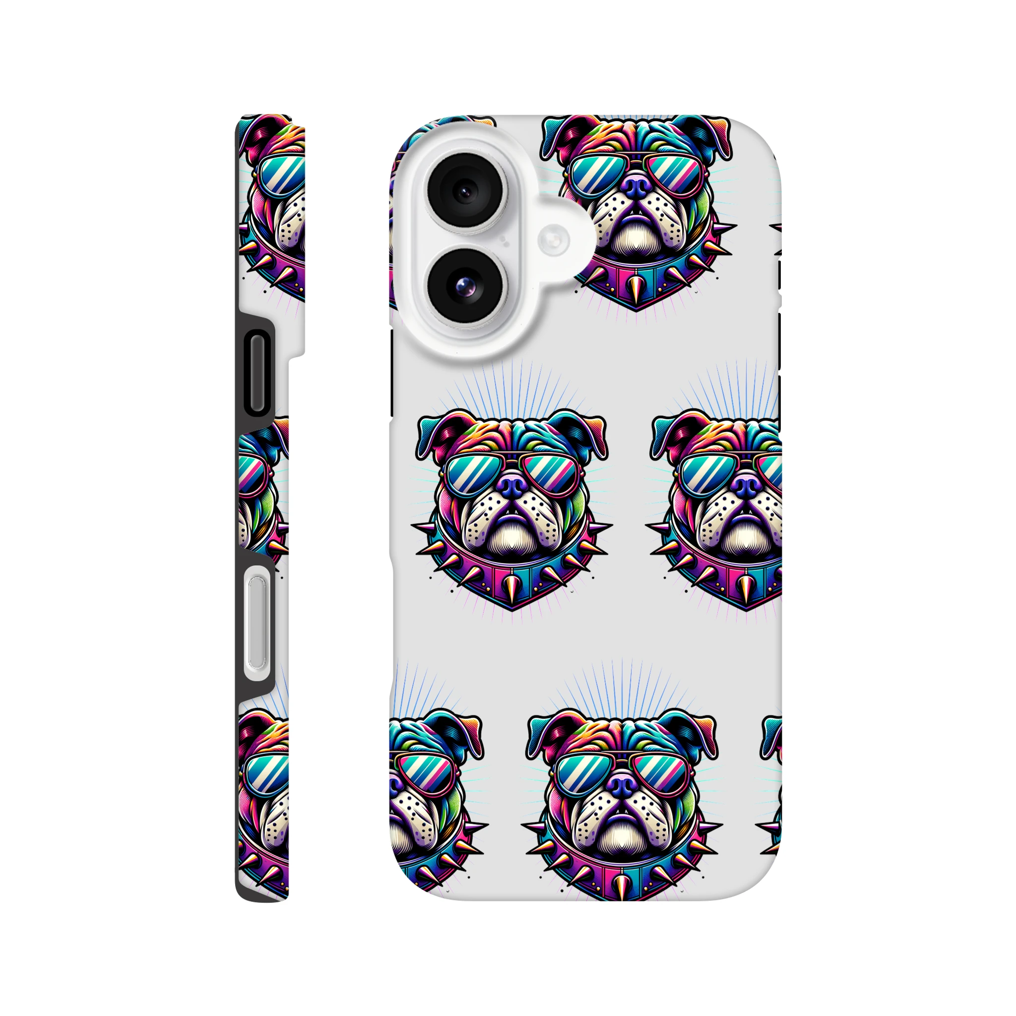 Bull Dog phone case: glossy dual-layer wraparound print of a colorful bulldog wearing sunglasses for iPhone 16–13