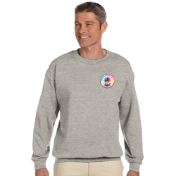 Grey crewneck sweatshirt featuring a colorful Urban Palm Trees logo on the chest. Long sleeves and soft brushed interior for comfort.
