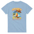 Light blue cotton-blend women's tee with tropical cocktail graphic, palm trees and umbrella.