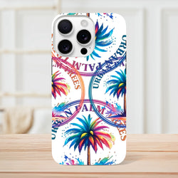 Vibrant watercolor palm tree and typography artwork on a tough white iPhone case designed for urban streetwear style.