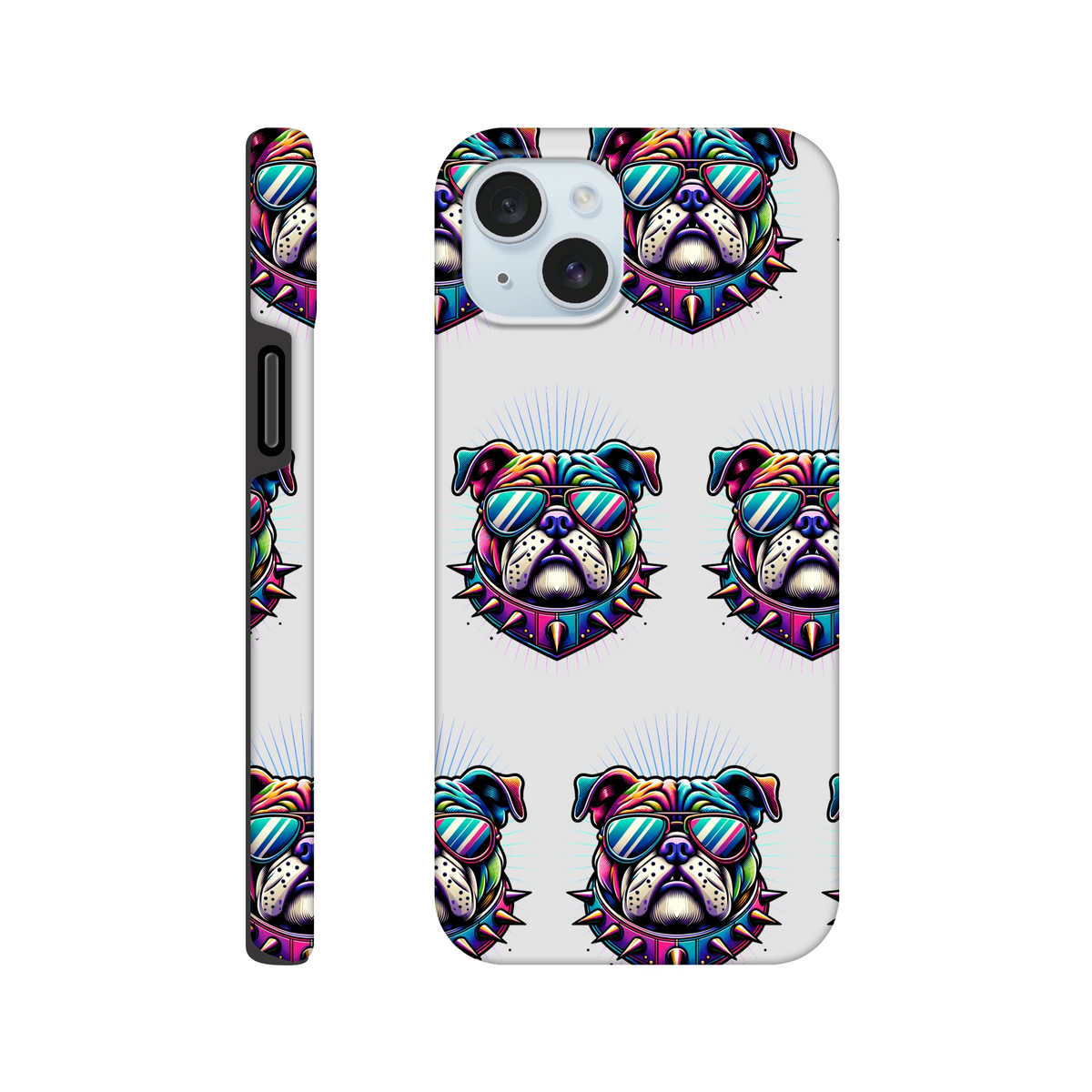 Colorful bulldog head case with sunglasses for iPhone 16/15/14/13 dual-layer wraparound glossy print.