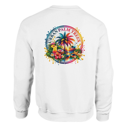 White sweatshirt back featuring colorful retro tropical graphic with palm tree, cocktails, hibiscus, and Urban Palm Trees text.