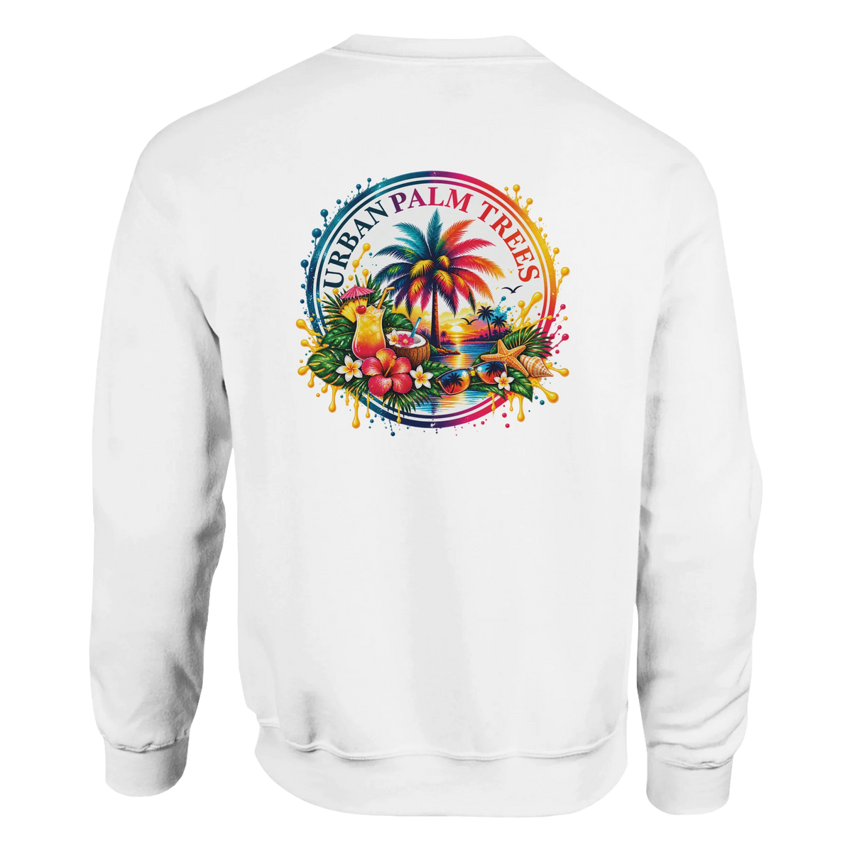 White sweatshirt back featuring colorful retro tropical graphic with palm tree, cocktails, hibiscus, and Urban Palm Trees text.