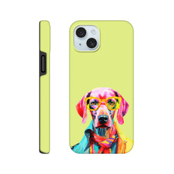 Vibrant pop art dog wearing glasses and jacket on a lime green tough iPhone case.