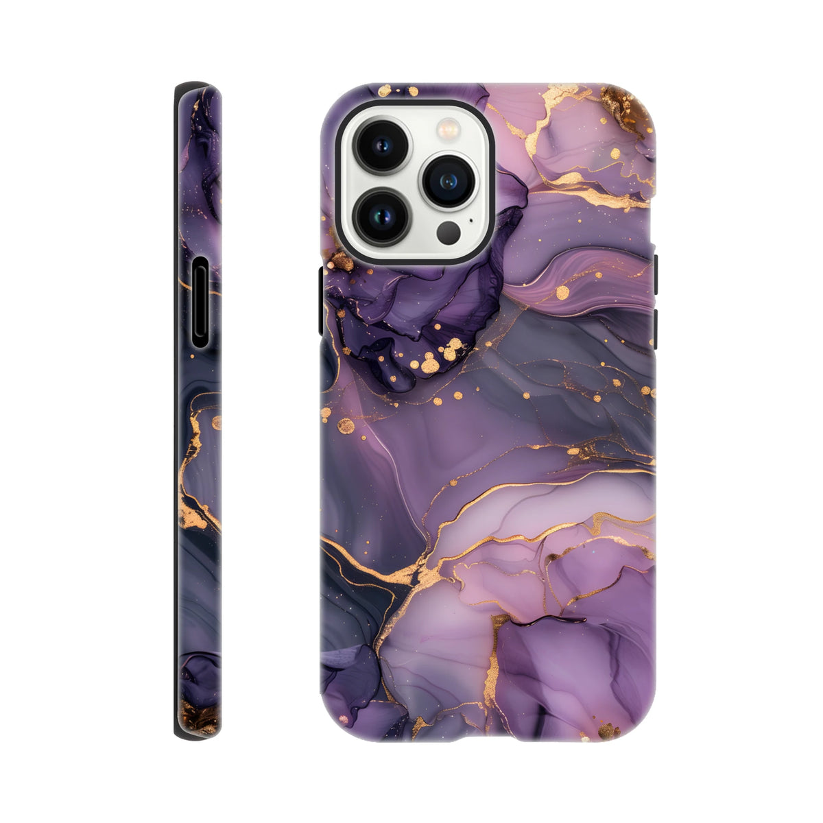 Purple and gold marble iPhone case featuring luxury abstract swirls and gold flecks for a bold streetwear look.