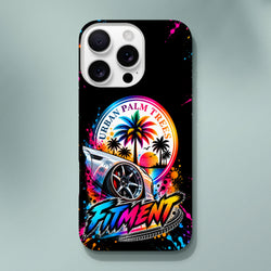 Fitment iPhone case featuring modified car, colorful Urban Palm Trees sunset graphic, and gloss streetwear paint splatter design.