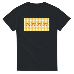 Cute Yellow Bow Gingham T-Shirt for Women with a yellow gingham panel and orange bows on a black tee.