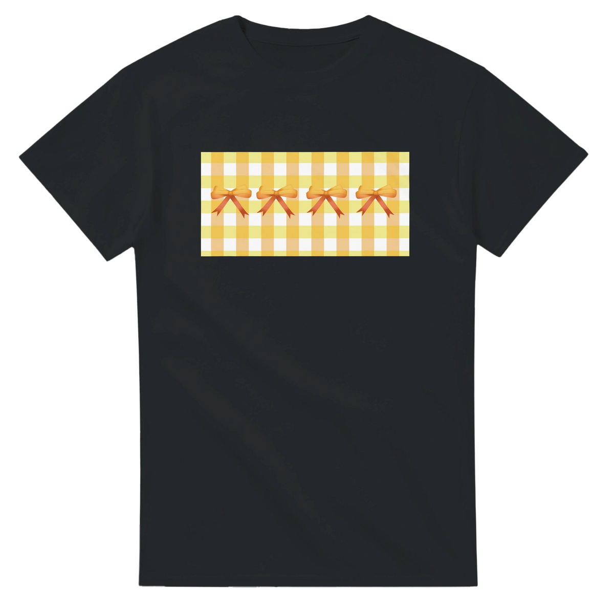 Cute Yellow Bow Gingham T-Shirt for Women with a yellow gingham panel and orange bows on a black tee.