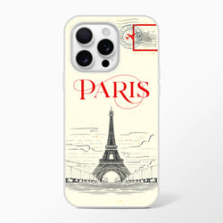 Vintage Paris postcard iPhone case (13-16) featuring Eiffel Tower and postal stamp motif.