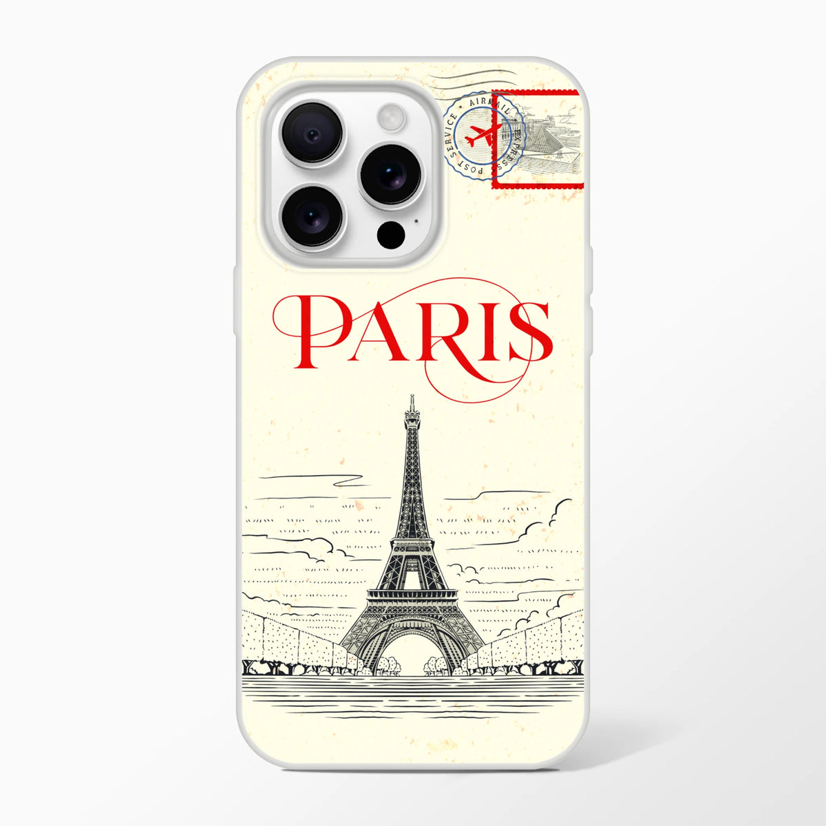 Vintage Paris postcard iPhone case (13-16) featuring Eiffel Tower and postal stamp motif.