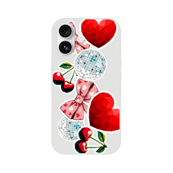 Y2K clear iPhone case with sticker art of disco balls, red faceted hearts, pink bows, and cherries. Wireless charging compatible.