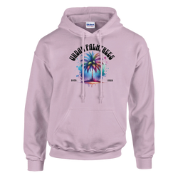 Urban Palm Trees Hoodie for women featuring colorful palm trees graphic and front pouch pocket.