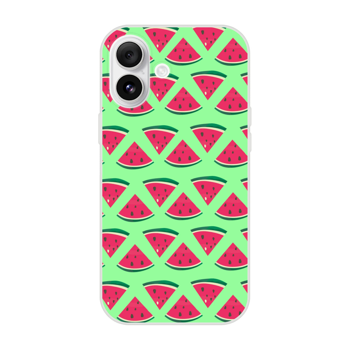 Cute summer watermelon pattern iPhone case with red slices on a lime green background, featuring a slim matte finish phone cover.