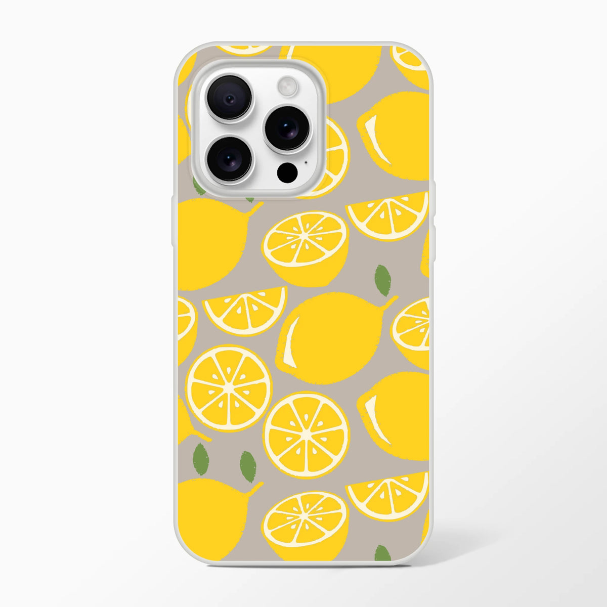 Cute Lemon Fruit iPhone Case for iPhone 13-16 with yellow citrus print on gray, slim matte finish protection.