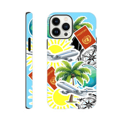 Travel sticker iPhone case featuring palm trees, airplanes, passports, and compass designs for a bold island aesthetic.