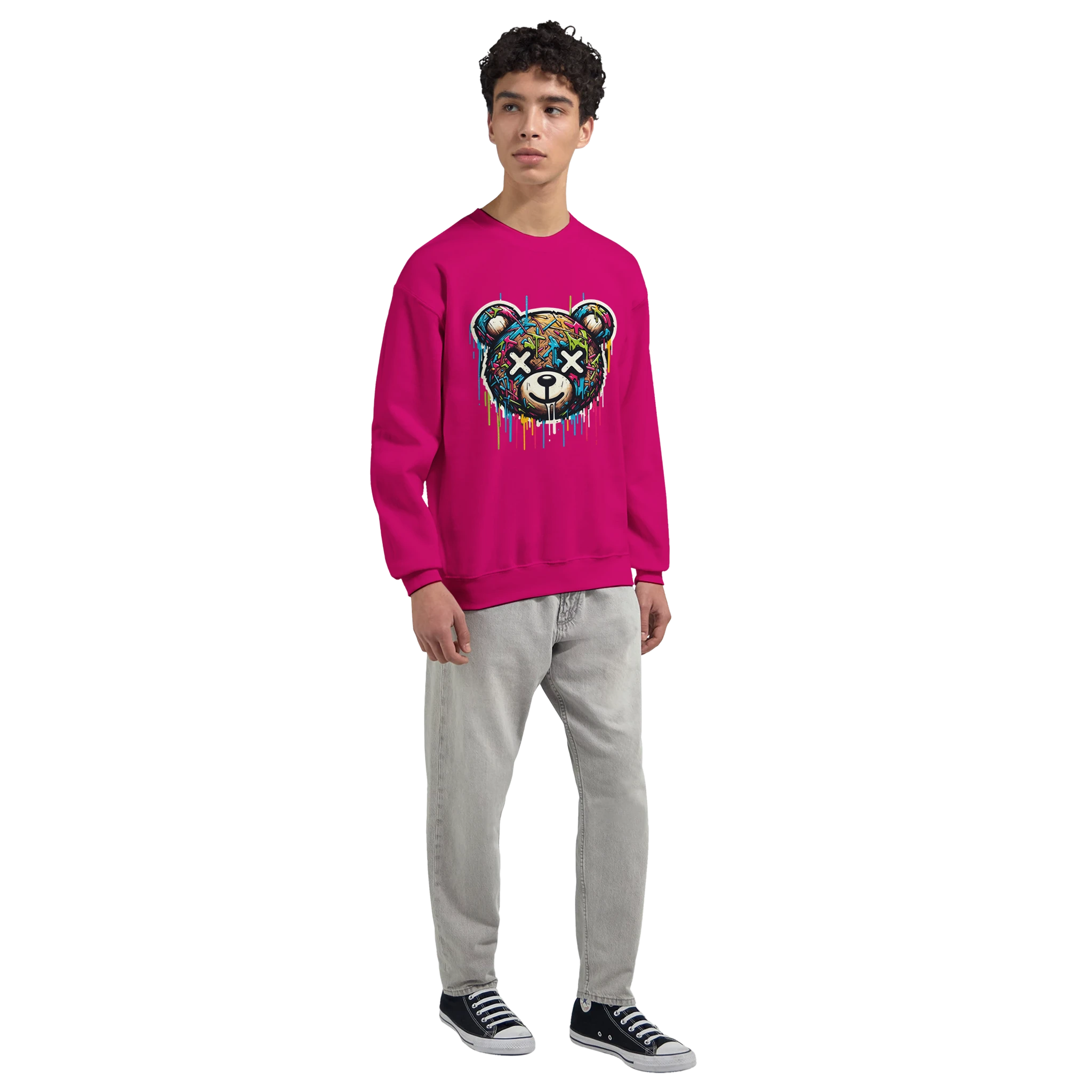 Pink Teddy Bear Men's Graphic Sweatshirt with dripping multicolor bear graphic; 50/50 cotton-poly blend.