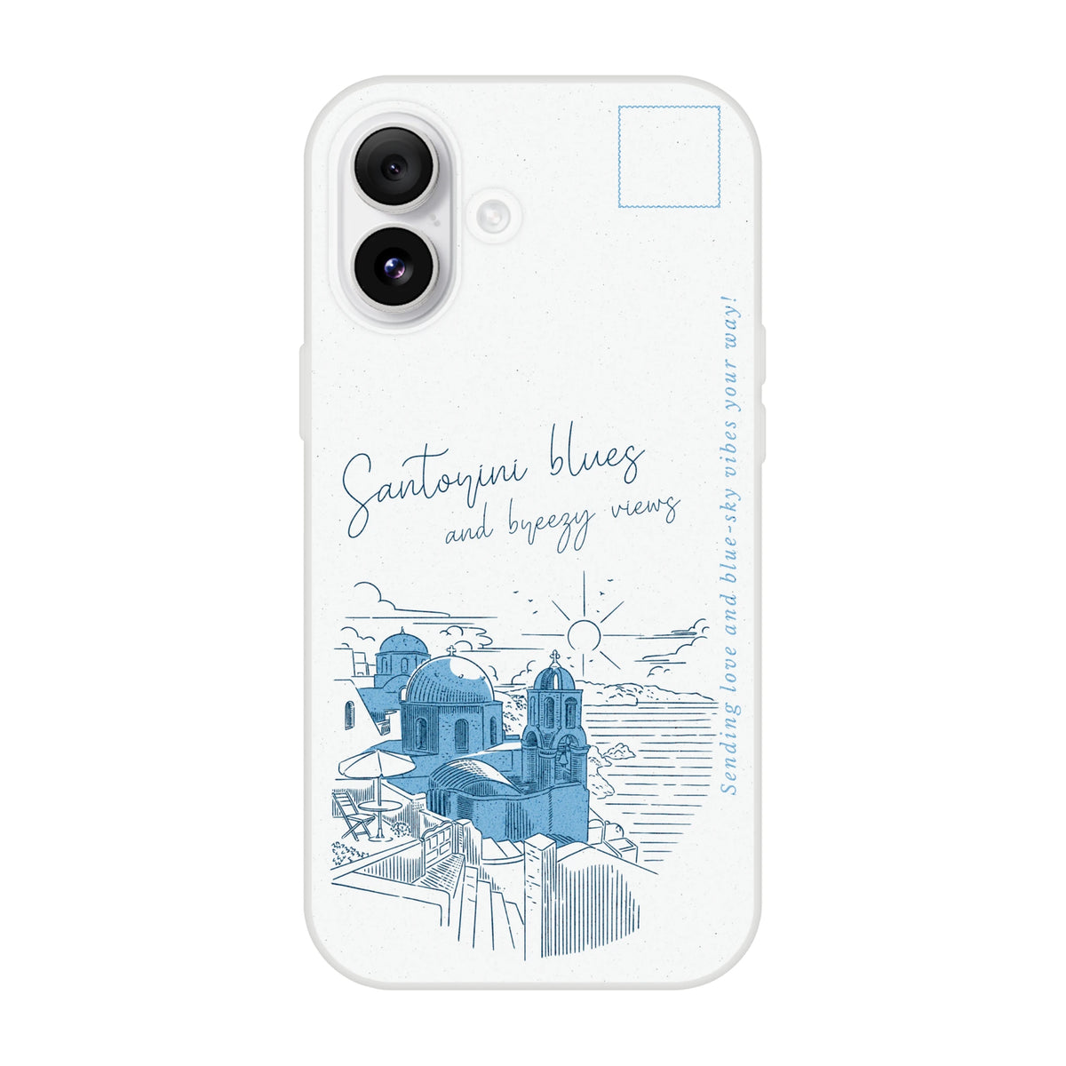 Vintage Postcard iPhone Case (13-16) Santorini Holiday, slim matte case with blue seaside skyline.