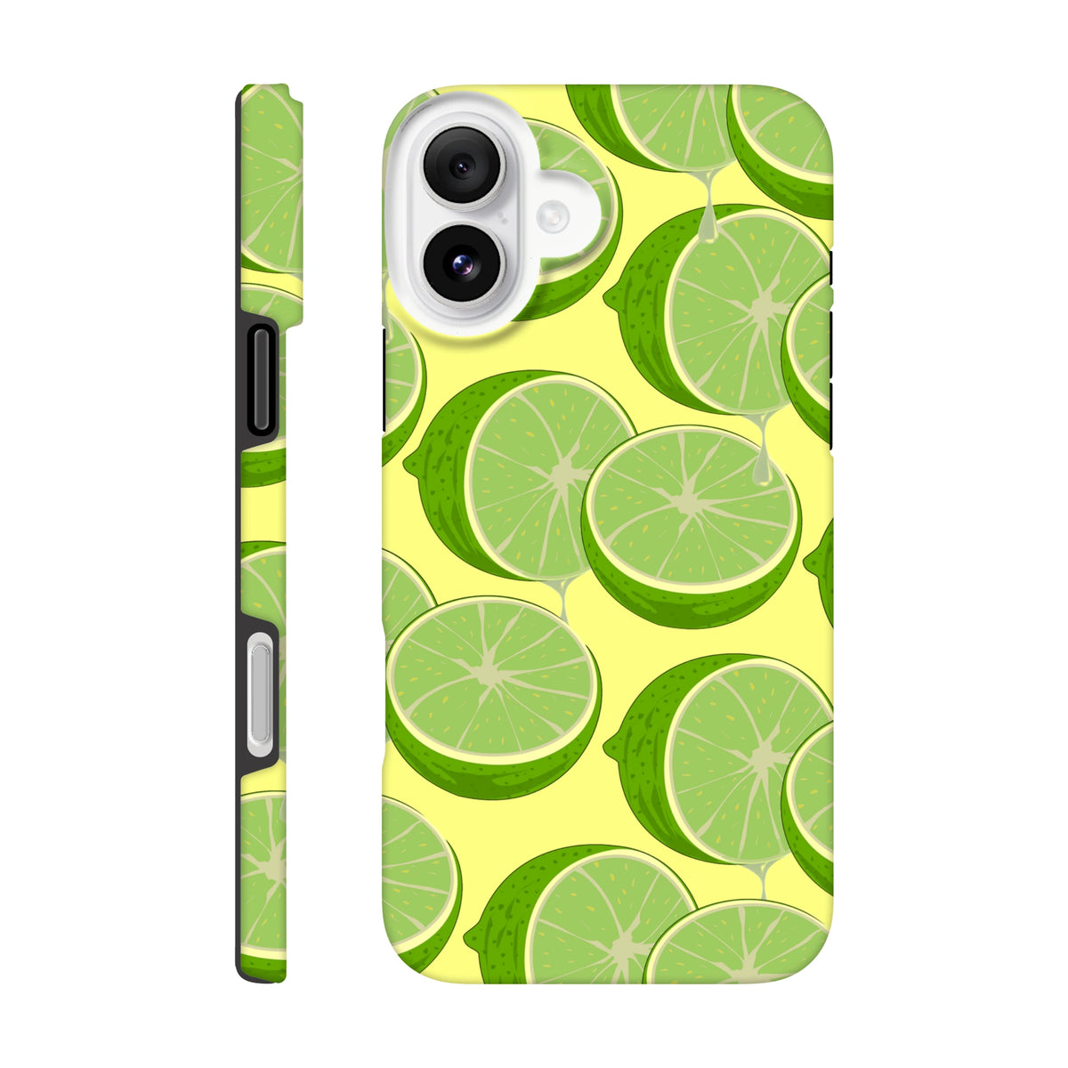 Green lime slice pattern iPhone case on yellow background. Fresh citrus tough phone cover for impact protection and streetwear style.