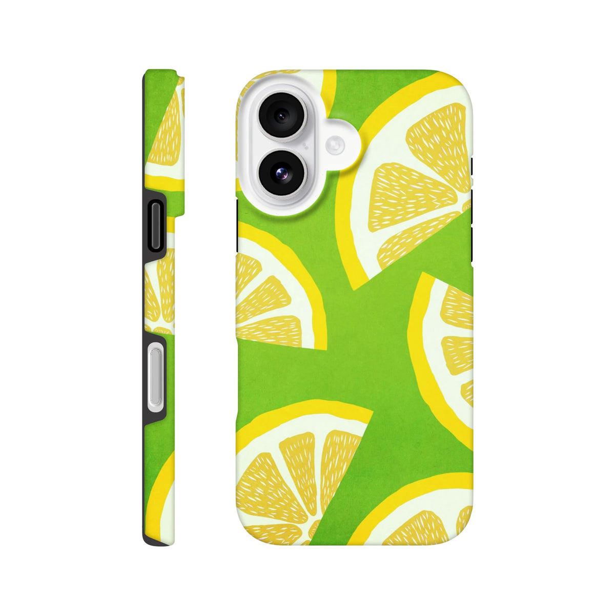 Green iPhone case featuring bold yellow lemon slices. Shock-absorbing citrus fruit phone cover built for durability.
