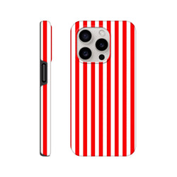 Retro red and white vertical stripe tough iPhone case providing rugged protection with a bold wraparound design.