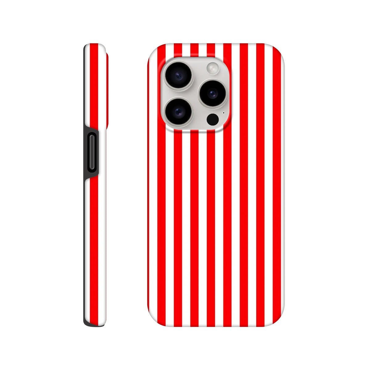 Retro red and white vertical stripe tough iPhone case providing rugged protection with a bold wraparound design.