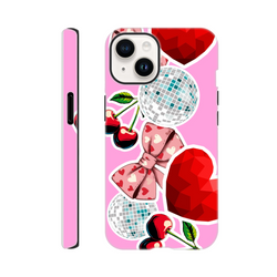 Pink iPhone cover featuring a sticker-style design with cherries, a heart-patterned bow, disco balls, and red gem hearts.