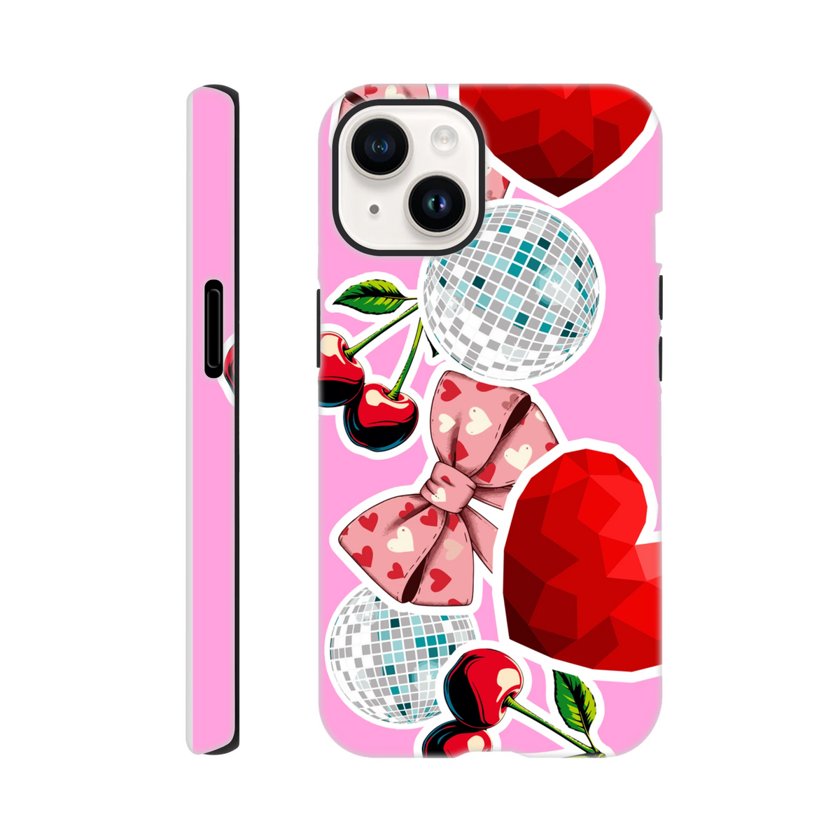 Pink iPhone cover featuring a sticker-style design with cherries, a heart-patterned bow, disco balls, and red gem hearts.