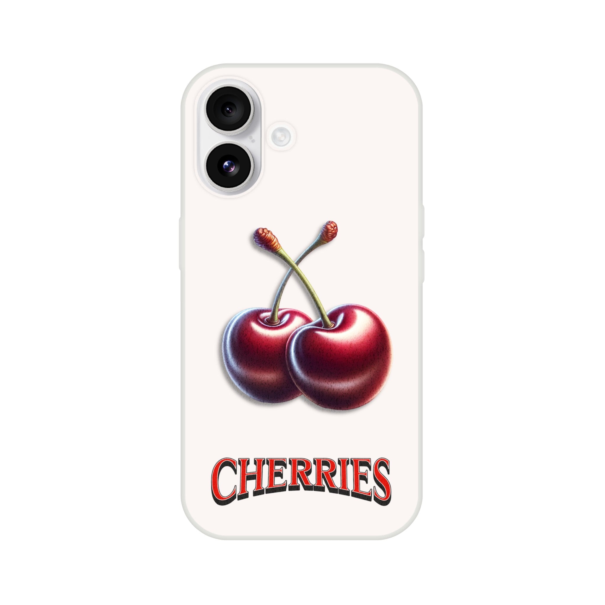 Cherry iPhone case with two cherries and CHERRIES text on a light background.