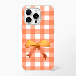 Orange gingham bow iPhone case for 13-16, cute coquette aesthetic.