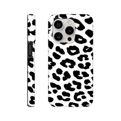 Black and white snow leopard print iPhone case with shock-absorbing tough design for models 13-16.
