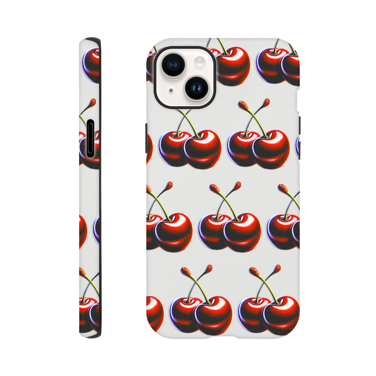 Cherries phone case, tough protective cover for iPhone 16–13 with glossy dual-layer wraparound print.