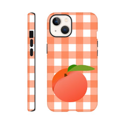 Peach fruit graphic on retro orange and white gingham iPhone case with full wraparound checkered print design.