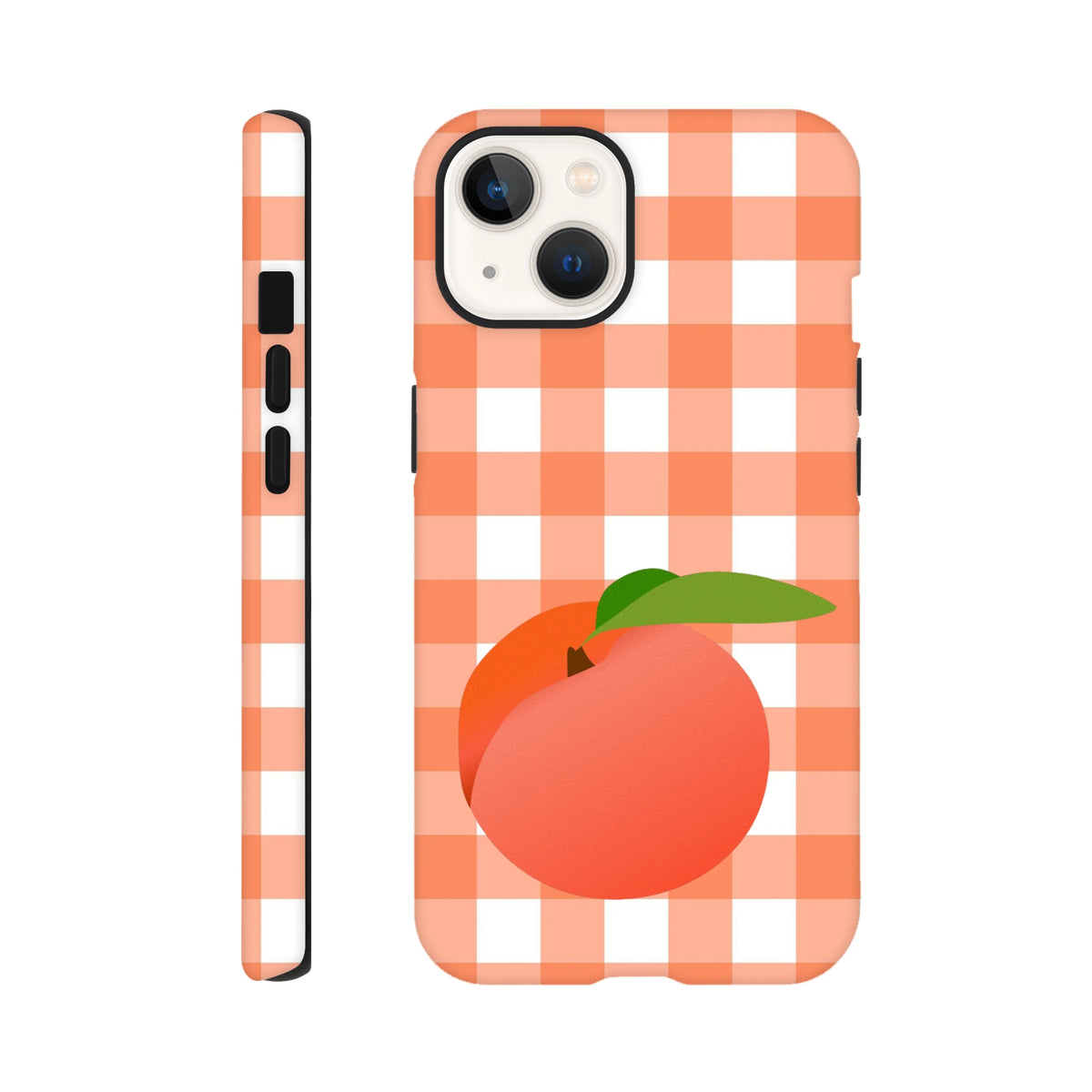 Peach fruit graphic on retro orange and white gingham iPhone case with full wraparound checkered print design.
