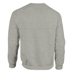 Back view of a heather grey Retro Music Graphic Sweatshirt featuring a drum kit design on the rear, crew neck, and long sleeves.