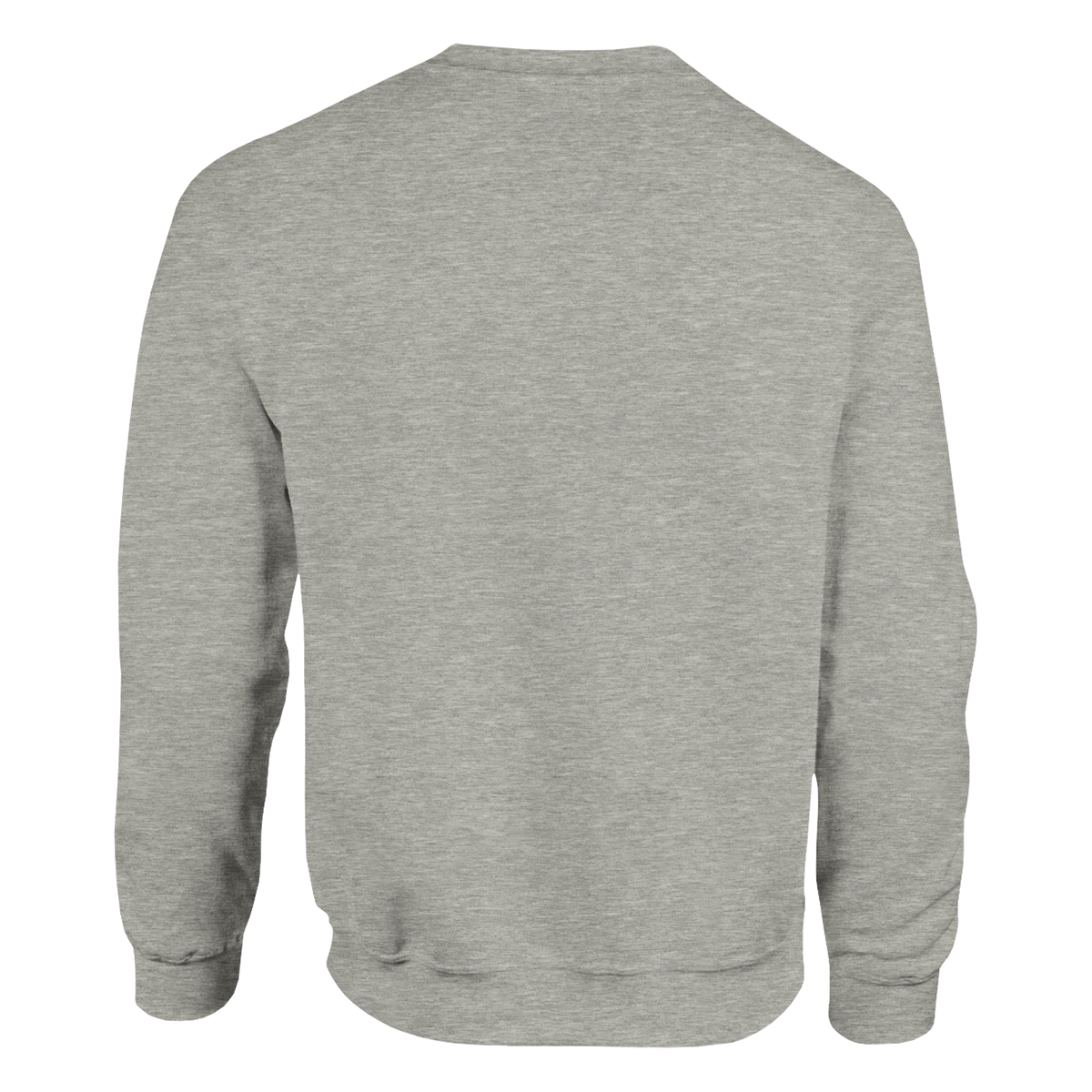 Back view of a heather grey Retro Music Graphic Sweatshirt featuring a drum kit design on the rear, crew neck, and long sleeves.